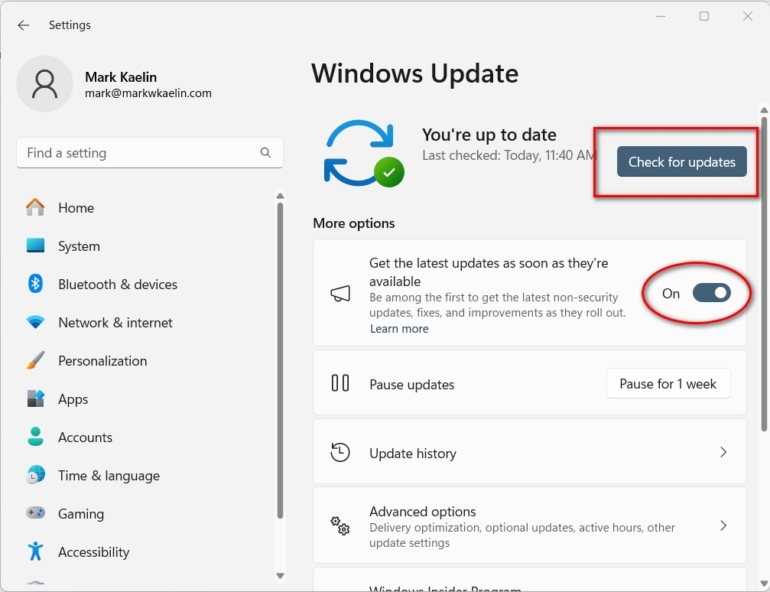 Windows Update settings with Check for updates button and update notification settings on highlight.