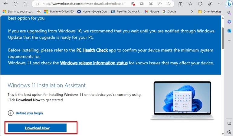 Windows 11 download support website for Microsoft Installation Assistant.