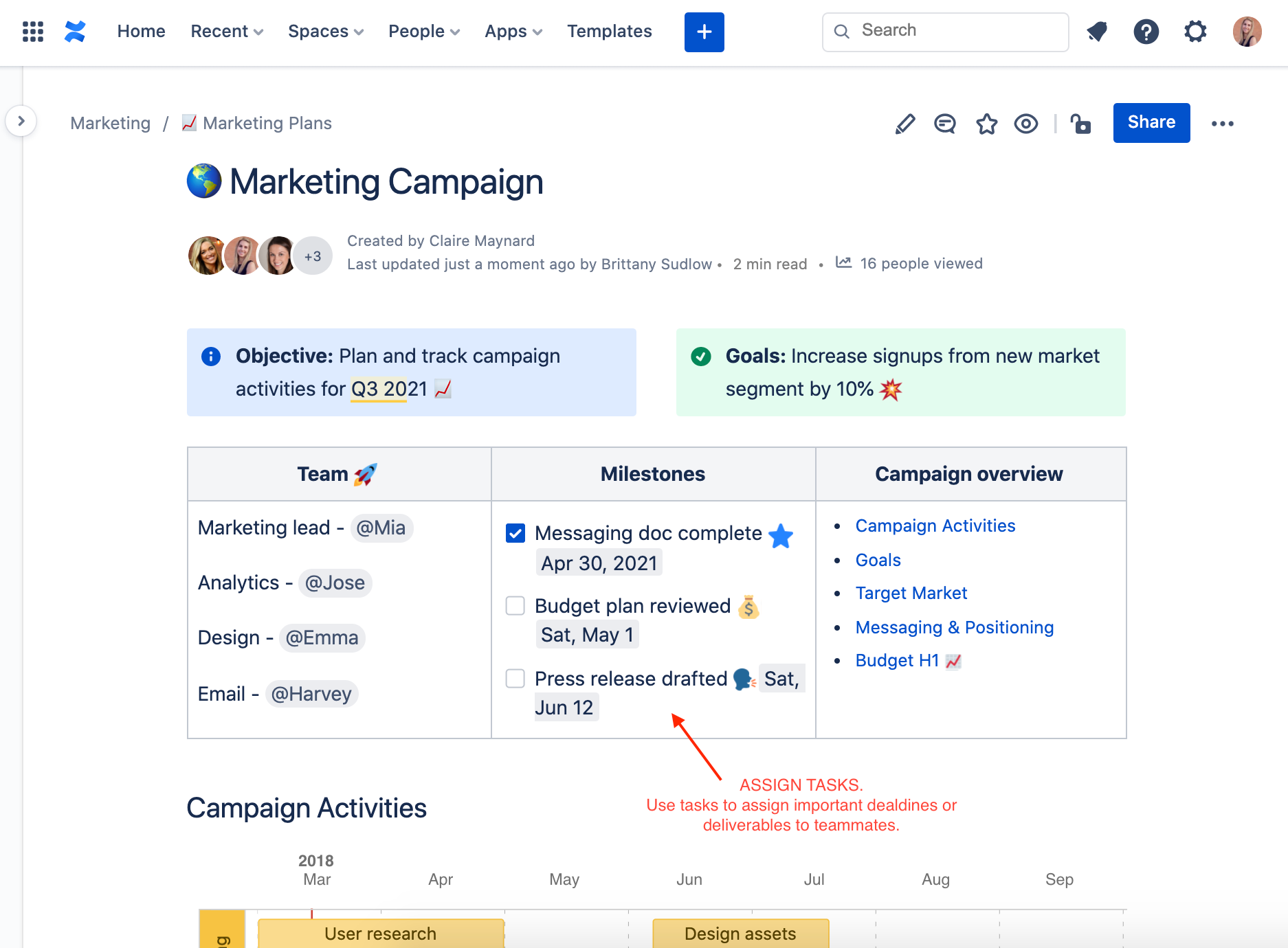 Confluence dashboard showing a marketing campaign project activities